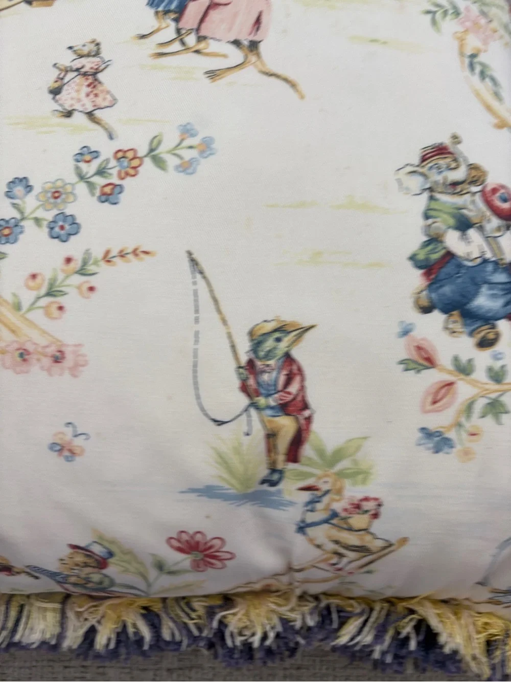 Vintage Storybook Animal Toile Feather Filled Fringe Pillow 17x17